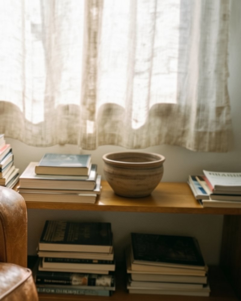 A stack of books and a ceramic bowl on a shelf beside a sunlit curtain.