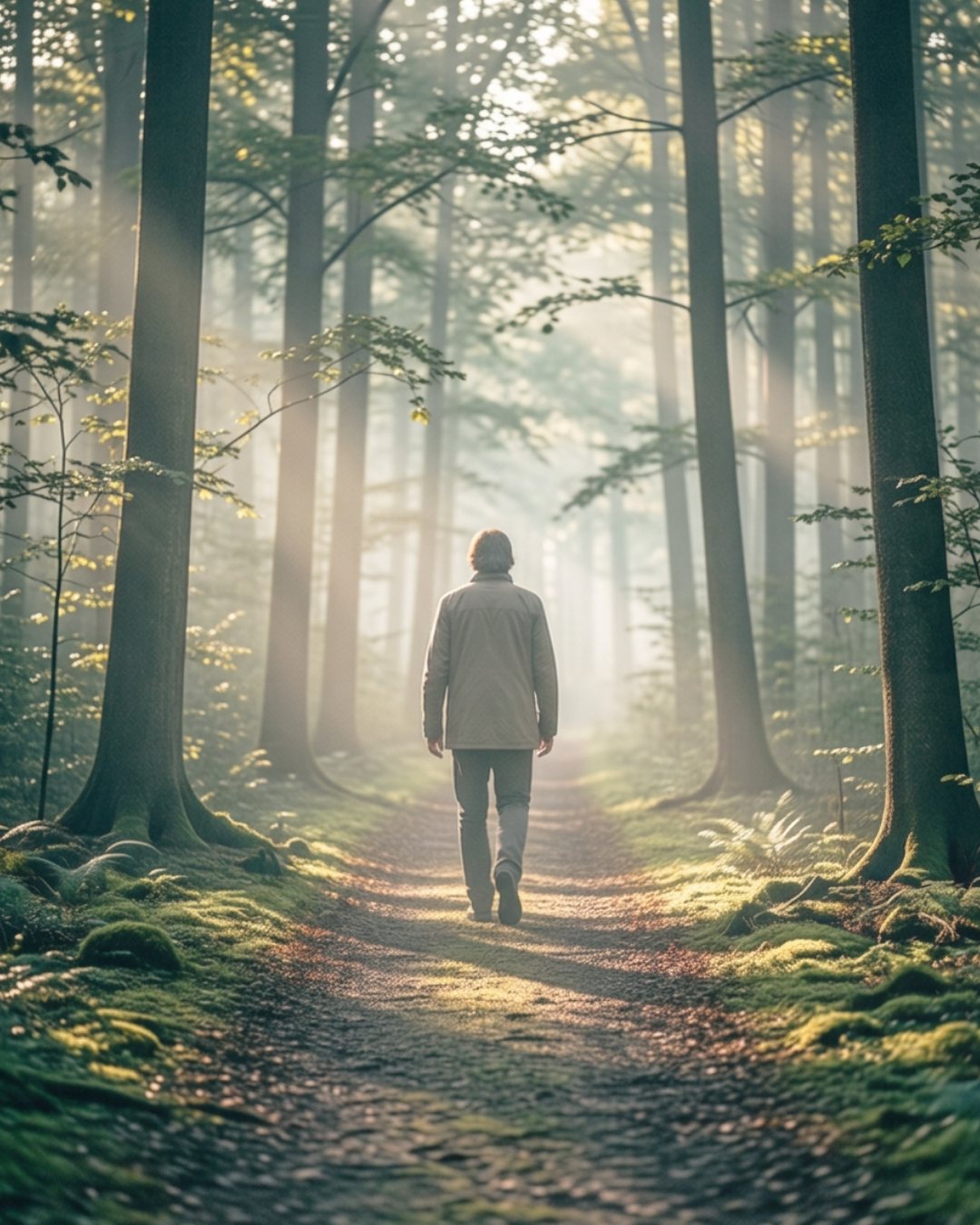 A person walking alone through a misty forest path at early morning light.
