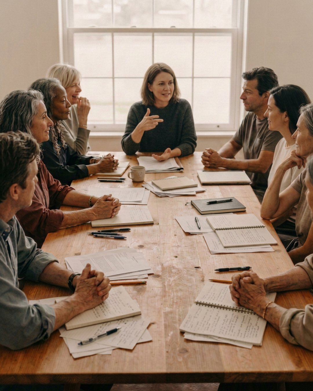 A small group seated around a wooden table with notebooks and pens, mid-conversation in soft natural light.