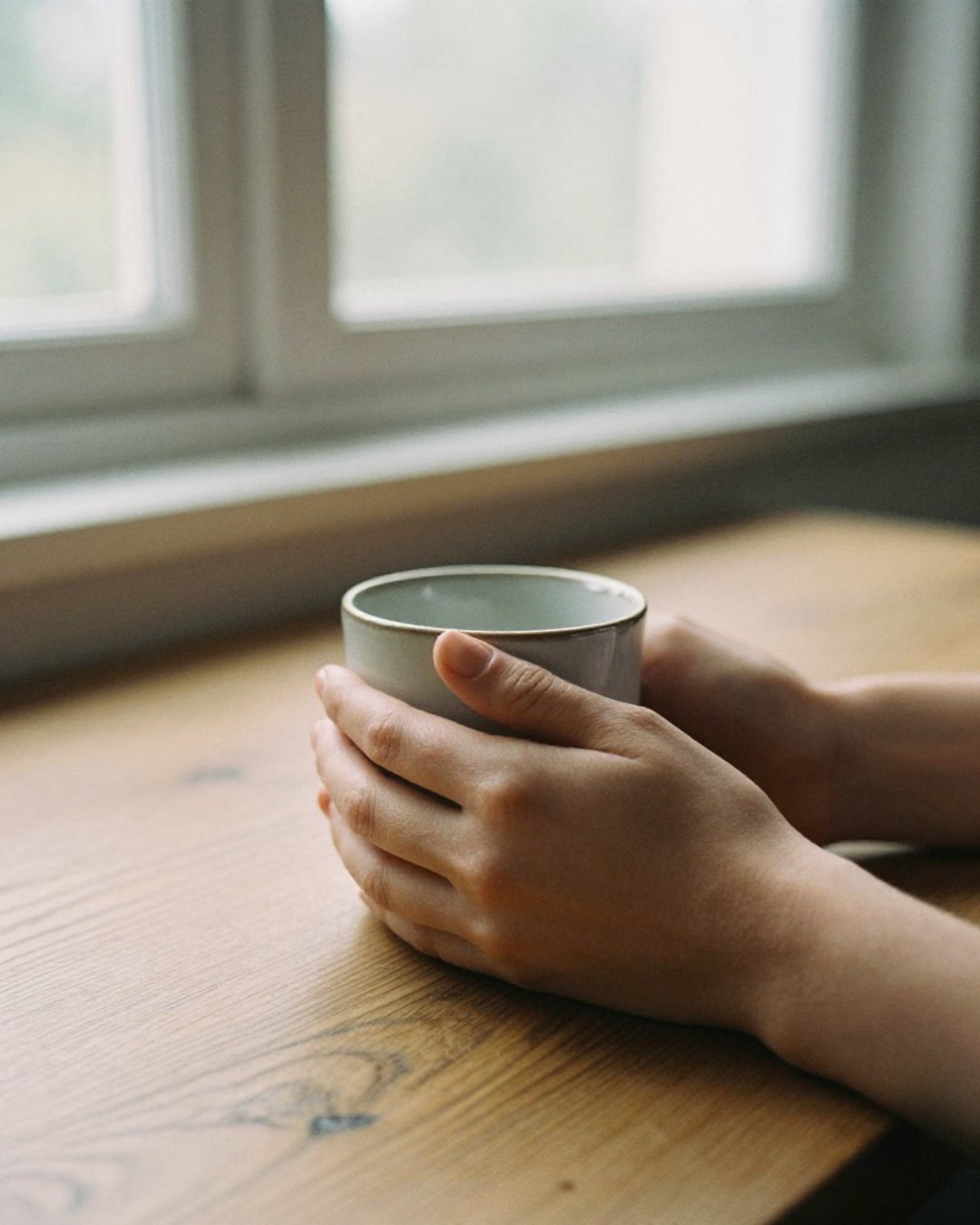 Hands wrapped around a warm ceramic cup on a wooden table by a window.