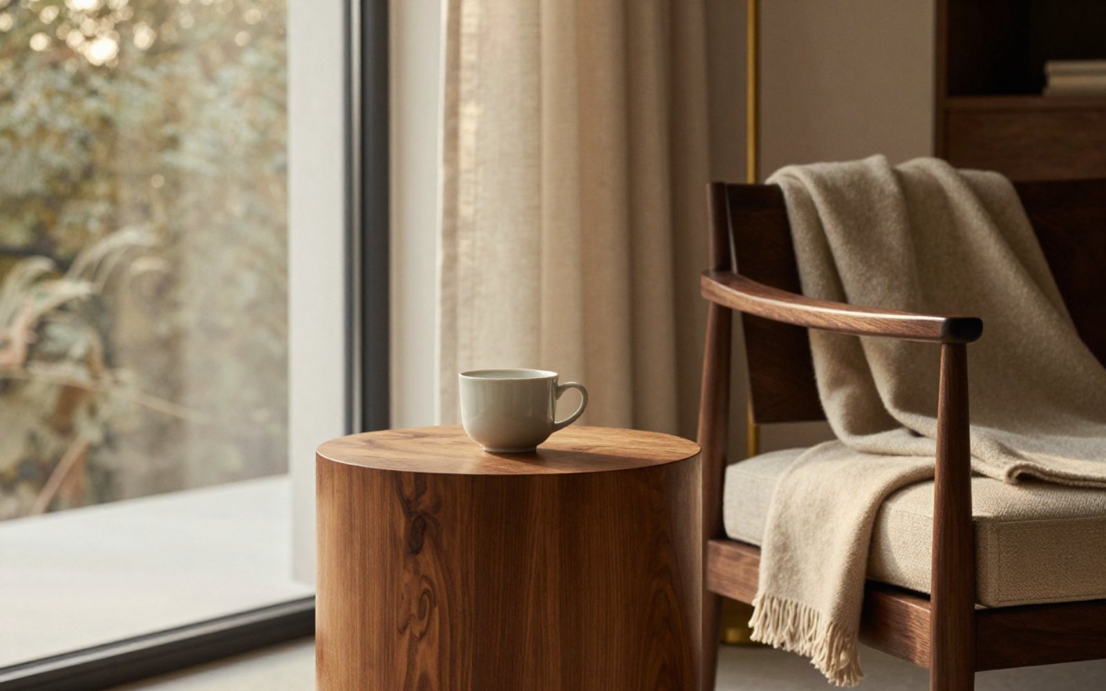 A considered, lived-in room with a wooden side table, an armchair and a woven throw in soft natural light.