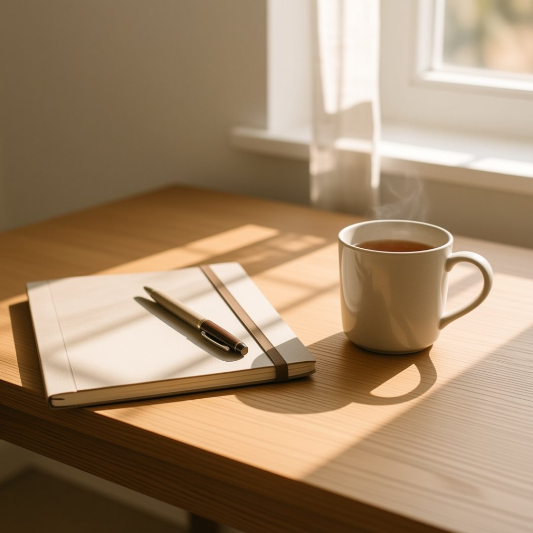 A notebook, pen and cup of tea on a wooden desk in morning sunlight.