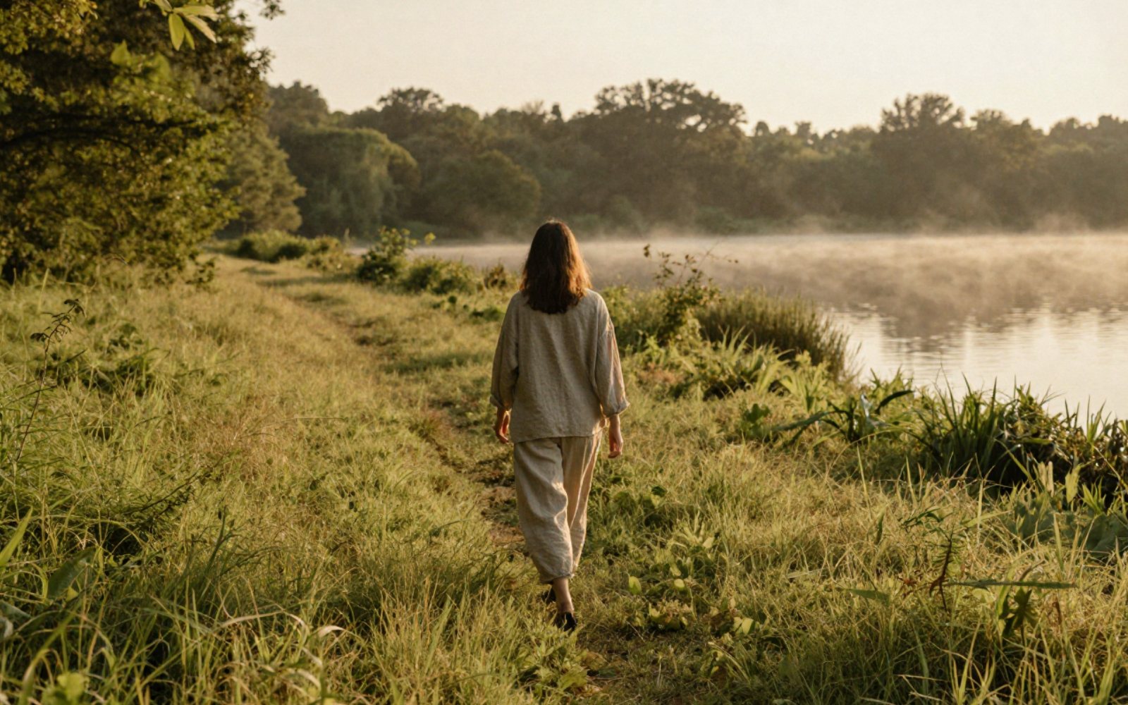 A woman walking alone along a misty lakeside path at early morning light.