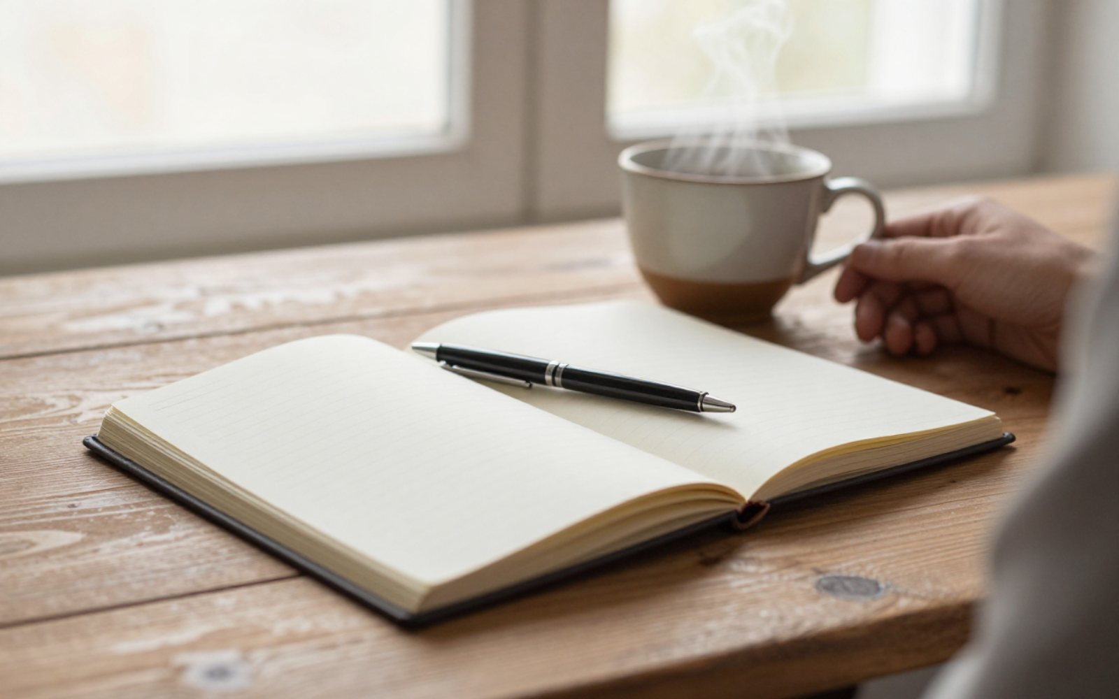 An open workbook, a pen and a steaming cup of coffee on a wooden table by a window.